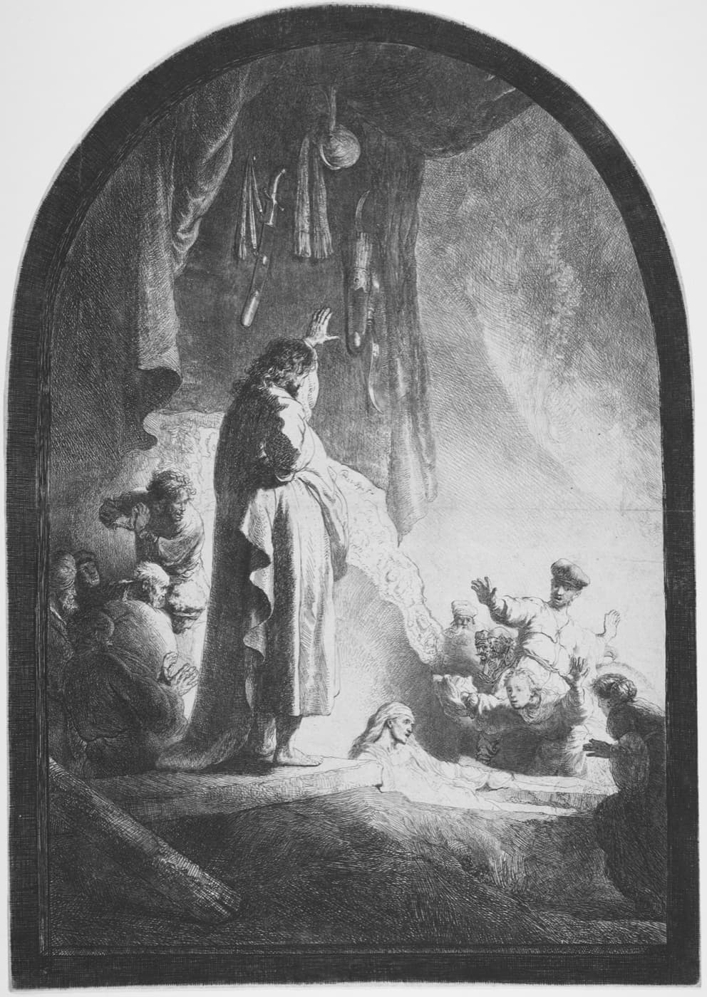 Rembrandt's etching The Raising of Lazarus: a figure raises his hand over an open tomb as a man sits up and the onlookers recoil.